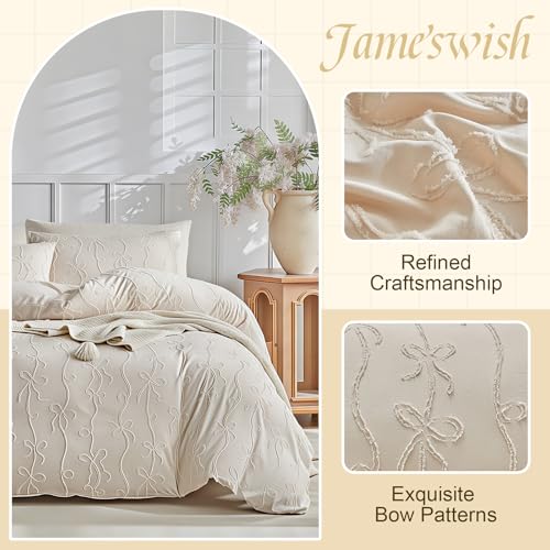 Jameswish 7 Pieces Bow Tufted Boho Comforter Set Khaki Farmhouse Shabby Chic Embroidered Bedding for All Seasons Twin Size with Comforter Sheets Pillowcases Shams Jameswish