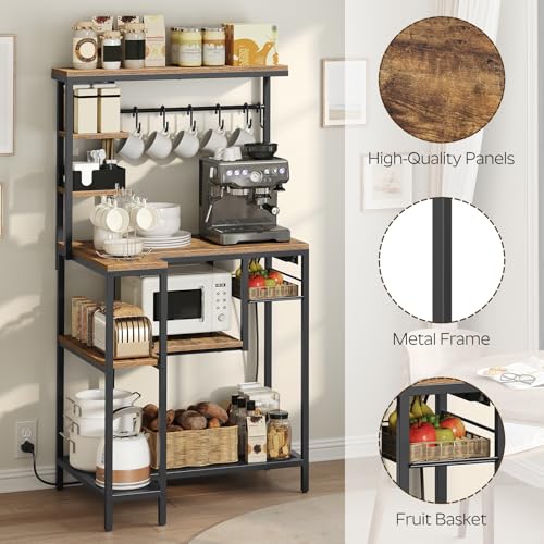YATINEY Coffee Bar, Bakers Rack with Power Outlet, Large Microwave Stand with Wire Basket and 6 Hooks, Kitchen Storage Rack, Versatile Coffee Station for Living Room, Home Cafe, Rustic Brown HB10UBR
