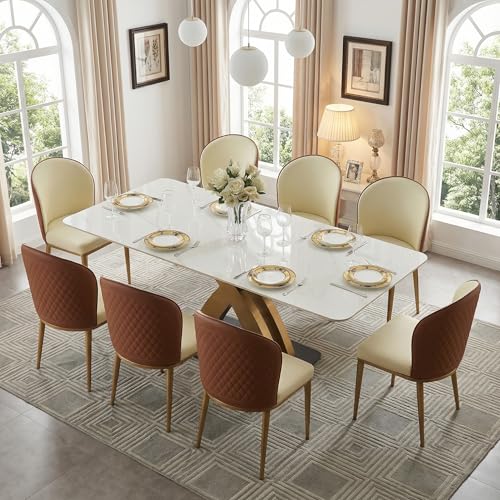 VYNARI 79 Inch Dining Table Set for 8 People, 7 Piece Rectangular Dining Table with Sintered Stone Tabletop and Leather Dining Chairs, Modern Kitchen Table for Living Room Home VYNARI