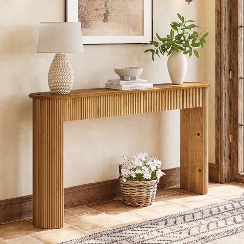TRIBEWOOD Solid Wood Console Table, 63" Long Retro Entryway Table with Vertical Fluted Stripes and Wide Solid Wood Legs, for Living Room, Hallway, Behind Sofa, Next to Entrance TRIBEWOOD