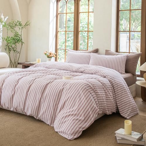 BESTDESIL Striped Duvet Cover Set 100% Washed Cotton Linen Like Soft Feelling Breathable Bedding(Dusty Purple,Full) BESTDESIL