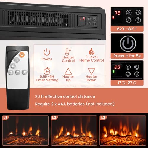 Tangkula Fireplace Corner TV Stand with LED Lights & Smart APP Control for 50 Inches TV, Entertainment Center with Adjustable Glass Shelves, 18” Electric Fireplace, Remote Control, Thermostat Tangkula
