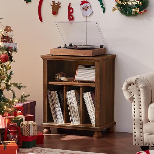 Joaxswe Record Player Stand with Vinyl Record Storage, 24" Wide Mid-Century Record Player Table Up to 200 Albums,Large Wood Turntable Stand Cabinet Dispaly Shelf for Living Room,Bedroom,Brown Joaxswe