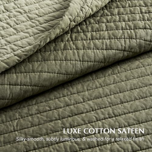 EVERGRACEHOME Cotton Sateen Quilt Set King Size, Pre-Washed Cotton Channel Stitch Coverlet Bedspread, 3 Pieces Lightweight Soft Bedding Sets for All Season, with 2 Pillow Shams, Olive Green EVERGRACEHOME