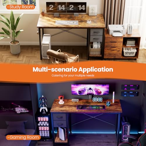 Sweetcrispy 40 Inch Computer Desk with Drawers for Home Office, Writing Desk with X-Shaped Reinforcement, Wood Table with Adjustable Position Drawers, Modern Study Work Table with Side Hook, Rust Sweetcrispy