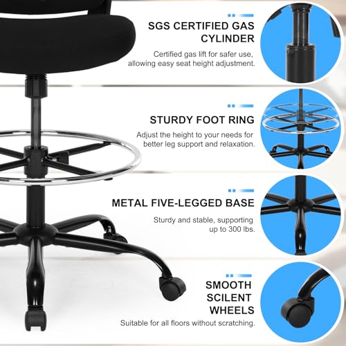 Bondesin Drafting Chair, Ergonomic Tall Office Chair with Lumbar Support Standing Desk Stool with Flip-up Armrests Comfy High Office Desk Chair with Adjustable Foot Ring for Counter Height Desk, Black Bondesin