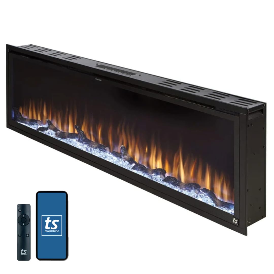 Touchstone Sideline Elite Smart 60” WiFi-Enabled Electric Fireplace - in-Wall Recessed - 60 Color Combinations - 1500/750 Watt Heater (68-88°F Thermostat) - Black - Log, Crystals & Driftwood - 80037 Touchstone