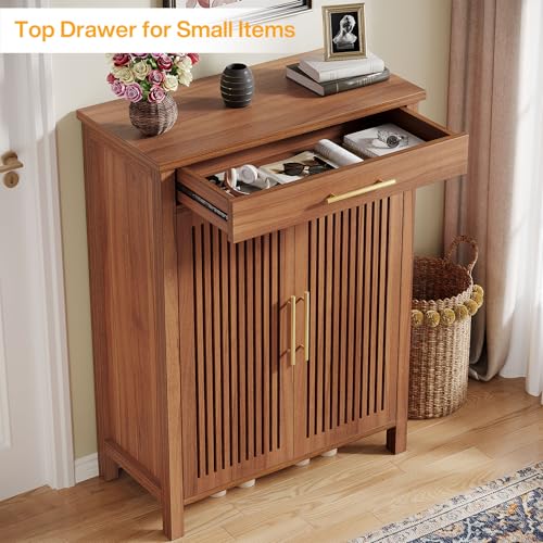 Tribesigns Shoe Cabinet, 5-Tier Shoe Storage Cabinet with Louvered Doors and Drawer, Freestanding Wooden Shoe Rack Organizer with Adjustable Shelves for Entryway, Hallway, Closet, Brown Tribesigns