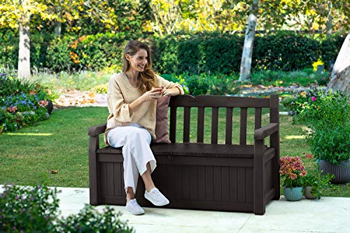 Keter Solana 70 Gallon Storage Bench Deck Box for Patio Furniture, Front Porch Decor and Outdoor Seating – Perfect to Store Garden Tools and Pool Toys, Brown/Brown Keter