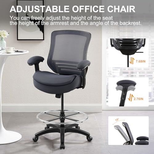 WITTLONG 400lbs Wide Mid-Back Office Drafting Chair with Extra Seat Cushion for High Standing Desk with Lumbar Support and Enlarged Adjustable Footring(Gray) WITTLONG