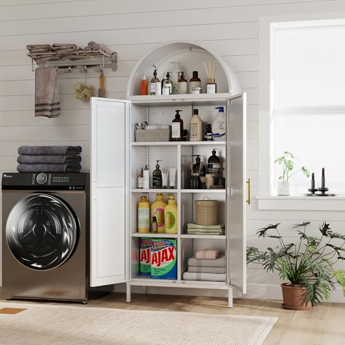 JAORD Metal Arched Kitchen Pantry Cabinet with 4 Adjustable Shelves, Farmhouse Arched Cabinet with 2 Doors for Kitchen,Bedroom,Living Room,White, Assemble Required,13.8" D x 27.6" W x 66.9" H JAORD
