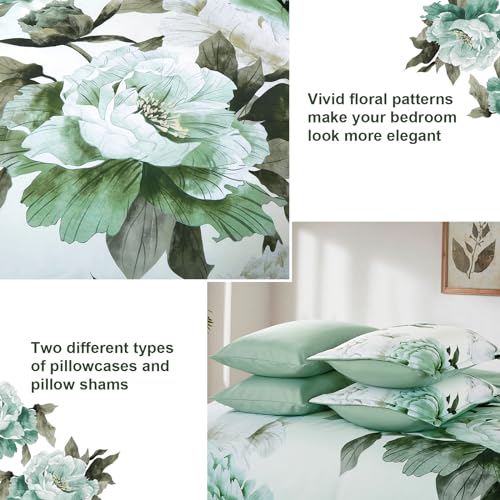 Dobuyly Green Queen Comforter Set 7 Piece Bed in a Bag Queen, Sage Green Floral Printed Comforter Set with Sheets, Soft Microfiber Botanical Flower Complete Bedding Set for All Season Dobuyly