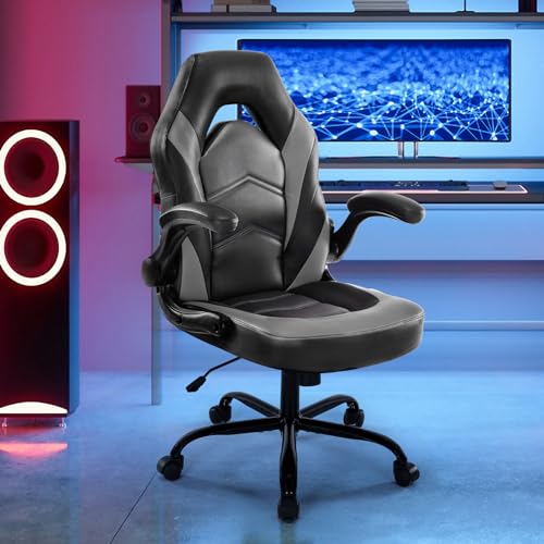 DUMOS Gaming Ergonomic Office Chair for Adults, Height Adjustable Computer Desk Chair with Flip-up Armrests, PU Leather Swivel Video Game Chair with 360° Rolling Wheels, Grey DUMOS