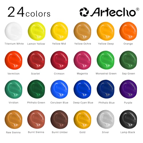Artecho Acrylic Paint Set 24 Colors 2oz/59ml with 12 Brushes, Art Craft Paints Kit, Paint for Canvas, Rocks, Wood, Fabric, Ceramic and Art Supplies, Non Toxic Paint for Artists and Beginners Artecho