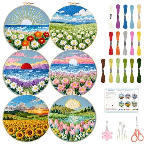 BEUNITONE Spring Landscape Embroidery Kit for Beginners, 6PC Needlepoint Kits with Hoops, Instructions, Threads, Needles, DIY Home Decor Craft for Adults, Creative Hand Embroidery Patterns for Gifts
