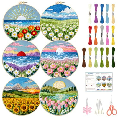 BEUNITONE Spring Landscape Embroidery Kit for Beginners, 6PC Needlepoint Kits with Hoops, Instructions, Threads, Needles, DIY Home Decor Craft for Adults, Creative Hand Embroidery Patterns for Gifts
