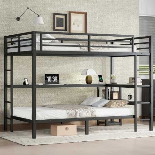 Harper & Bright Designs Metal Bunk Bed with Desk and Shelves, Full Over Twin Bunk Bed Frame with LED and USB, Multiple Placement (Full/Twin, Black) Harper & Bright Designs