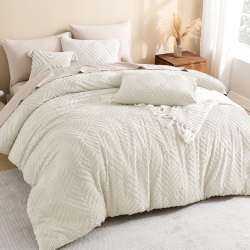 Litanika Queen Comforter Set Beige, 3 Pieces Cream Tufted Boho Farmhouse Bedding Comforter Sets, Lightweight Fluffy Comforter Bed Set for All Season (90x90In Comforter and 2 Pillowcases) Litanika