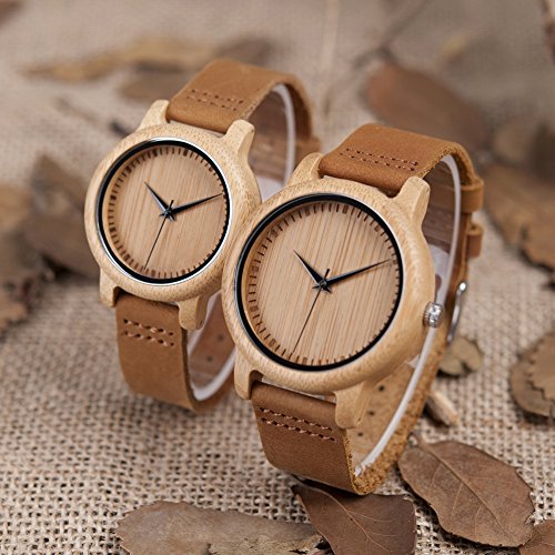 BOBO BIRD Men's Bamboo Wooden Watch with Brown Cowhide Leather Strap Japanese Quartz Movement Sports Casual Watches Gift with Box BOBO BIRD