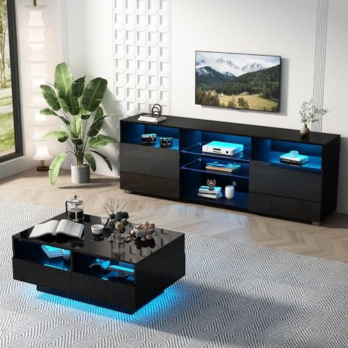 SUSSURRO LED TV Stand for 60/65 inch TV, Television Table Center Media Console with Drawer and Led Lights, High Glossy Modern Entertainment Center for Living Game Room Bedroom, Black SUSSURRO
