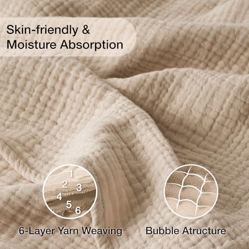 100% Cotton Muslin Blanket Queen 90" x 90", 6 Layers Breathable and Lightweight Cotton Throw Blanket for Bed, Soft Quilt Bedspread Coverlet, Gauze Blanket for Adults All Season, Beige Linen, Oatmeal Kozyhvn