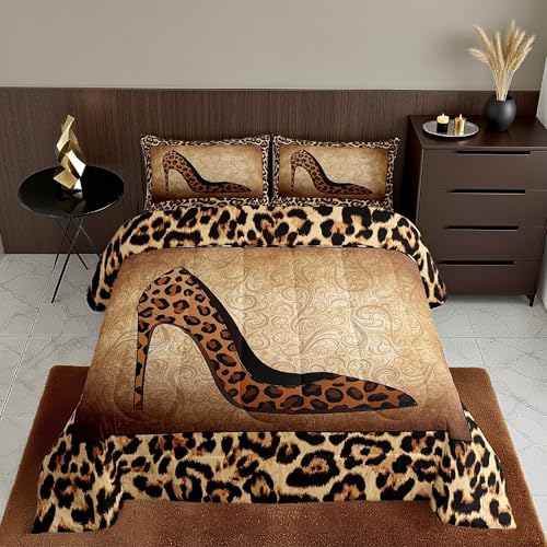 Leopard High Heels Comforter Set King Size Romantic Mandala Floral Bedding Set 3pcs for Kids Girls Women Adult Room Decor Wild Animals Skin Quilt Set Fashion Brown Duvet Insert,2 Pillowcases Castle Fairy