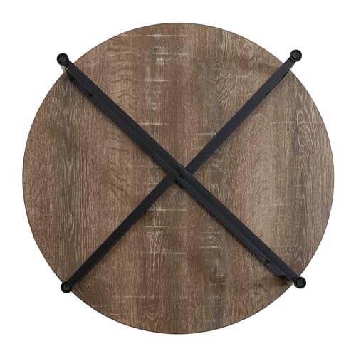 Household Essentials Jamestown Round Coffee Table Ashwood Rustic Wood Grain and Black Metal 31.5 x 31.5, Taupe Household Essentials