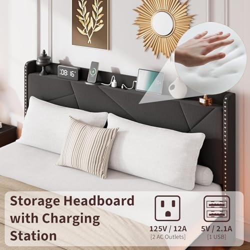 Garvee Full Size Floating Bed Frame with RGB LED Lights and Charging Station, Upholstered Platform Bed with Storage Headboard and Button Tufted Design, No Box Spring Needed, Black Garvee