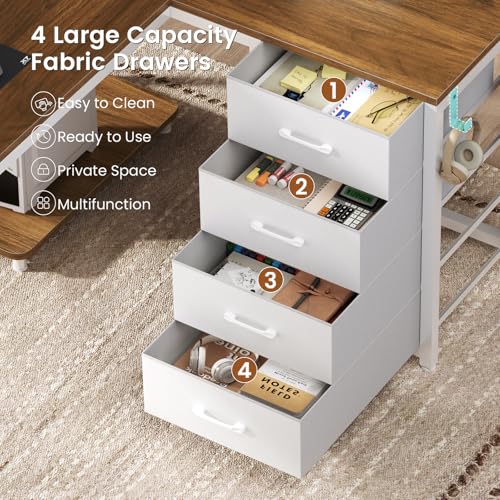 YIDUNLIFE L Shaped Desk, 67" Reversible Computer Desk with 4 Fabric Drawers and Power Outlet, Corner U Shaped Desks with Shelf and Pegboard for Home Office, Brown+White YIDUNLIFE