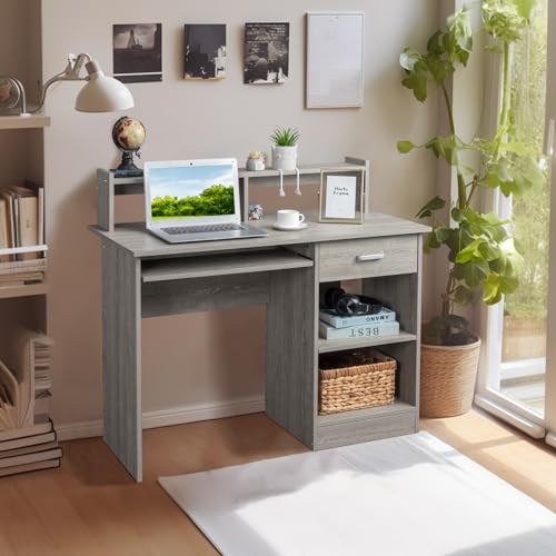 Karl home Computer Desk Study Writing Desk, Wooden Home Office Workstation PC Laptop Table with Drawer Shelf Keyboard Tray, Grey Karl home