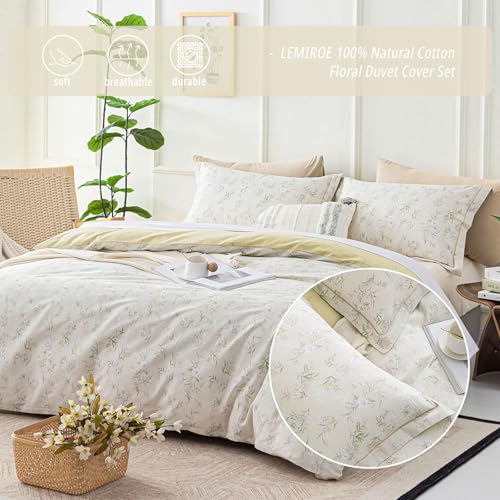 LEMIROE Vintage 100% Cotton Duvet Cover King Size 3PC - Delicate White & Golden Flowers on Beige, Textured Dusty Yellow Back, Botanical Luxurious Bedding Sets with Button Closure (King, 104"×90") LEMIROE