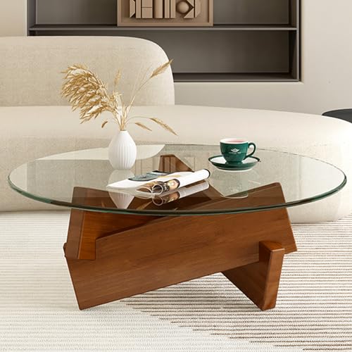 Coffee Table, Round Coffee Table for Living Room Modern Glass Coffee Table with Solid Wood Legs Farmhouse Mid Century Center Table Large Circle Cocktail Table (Walnut + Transparent, 31.5in) dnziqi