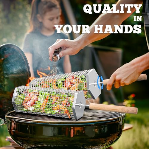 Ivtivfu Nesting Grill Baskets (2PCS, 2024), Removable Wooden Handle, 304 Stainless Steel, Rolling Grilling Net, BBQ Accessories Tools for Vegetables Shrimp, Outdoor Cooking Camping, Gifts for Men Dad Husband Ivtivfu