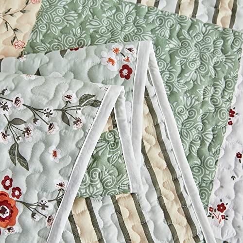 Patchwork Quilt Set Twin Size, 2 Pieces Green White Floral Plaid Design Summer Bedspread Coverlet Set, Soft Microfiber Reversible Lightweight Bed Cover for Kids (68" x 86", 1 Quilt+ 1 Pillow Sham) Flysheep