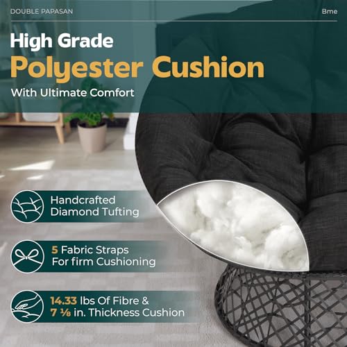 Bme 61" Black - Black Frame Capacity 600lbs Double Papasan Ergonomic Wicker Papasan Chair with Soft Thick Density Fabric Cushion, High Capacity Steel Frame for Living, Bedroom Bme