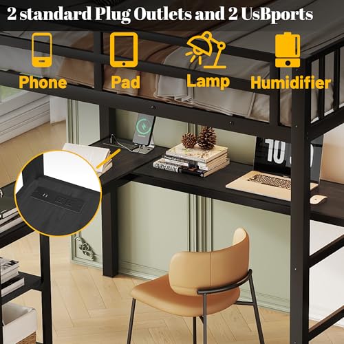 Full Size Loft Bed with Desk and Stairs Metal Full Loft Bed with Storage Wardrobe and Charging Station Adult Loft Bed with LED Lights and Adjustable Shelf for Kids Teens, Black Mirightone