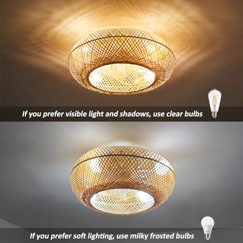 ainqiant Boho Caged Ceiling Fan with Light Flush Mount, 20 Inch Enclosed Rattan Ceiling Fans with Lights and Remote Control,Low Profile 6 Speeds for Bedroom, Living Room ainqiant