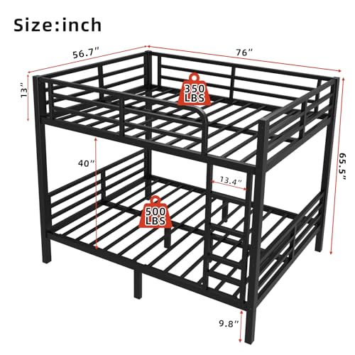 XUWANSHANG Full Over Full Bunk Bed Frame, Heavy Duty Metal Loft Bed for Adults/Teens, 350/500LB Capacity w/Ladder & Guardrail, Noise-Free Steel Slats, No Box Spring Required, Black XUWANSHANG