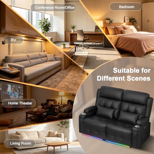 Aotolo Power Reclining Loveseat with Massage & Heat,Wall Hugger Loveseat Recliner with LED Lights,USB & Type-C Ports, Ideal for RV, Home Theater and Living Room,Black,2 Seats