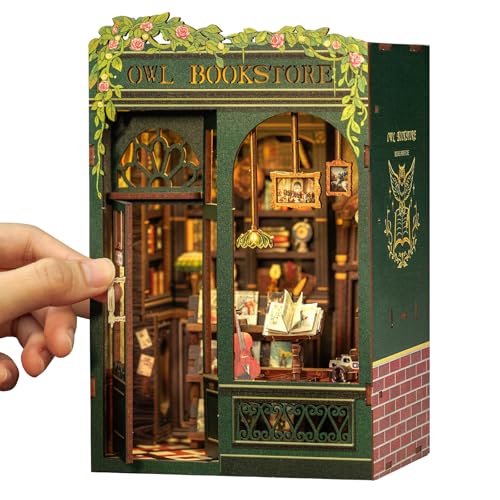CUTEBEE Book Nook Kit, DIY Miniature House Kits for Adult and Teens, Bookend Diorama with LED, 3D Wooden Puzzle, Mini Booknook Bookshelf Insert Decor, Crafts Hobbies Gifts for Adults(Owl Bookstore