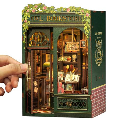 CUTEBEE Book Nook Kit, DIY Miniature House Kits for Adult and Teens, Bookend Diorama with LED, 3D Wooden Puzzle, Mini Booknook Bookshelf Insert Decor, Crafts Hobbies Gifts for Adults(Owl Bookstore