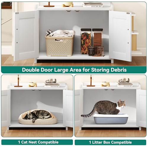 YITAHOME 27" Cat Litter Box Enclosure, Modern Cat Litter Box Furniture Hidden with Scratching Post&cusion, Wooden Cat House as Side End Table Nightstand, Fit Most of Litter Box, White YITAHOME