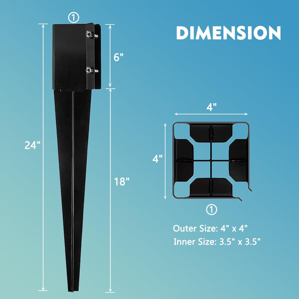 Furnishh Metal Anchor and Stakes - 4x4 Fence Post Holders, Black Ground Post Spikes, 24" Long, Set of 4 Furnishh