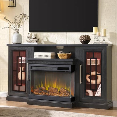 Unineo 59 Inch LED TV Stand with 3-Side Glass Fireplace, Modern Media Entertainment Center Console Table for TVs up to 65 Inch with Adjustable Flame & LED Color, 24’’ Fireplace, Highboy, Black