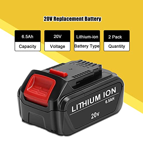JYJZPB 2 Pack 6.5Ah Replace Battery Compatible for DeWalt 20V MAX Battery DCB200 DCB204 DCB206 DCB206-2 DCB201 DCB203 DCB181 DCB180 DCD/DCF/DCG 20 Volt XR Battery JYJZPB