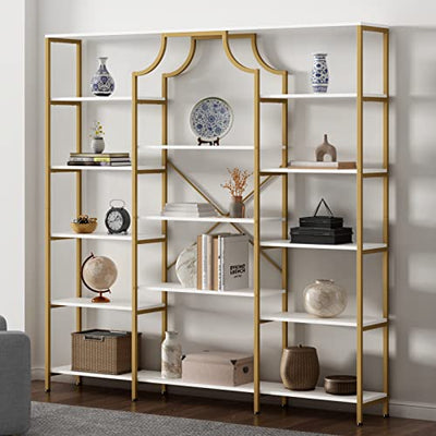 Loomie Gold & White Triple Wide Bookshelf with 13 Open Shelves - Modern Etagere Bookcase for Any Room