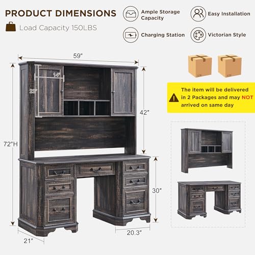 T4TREAM 59" Farmhouse Executive Desk with Hutch,Wood Home Office Computer Desk, Featuring Keyboard Tray,Charging Station,File Drawer, Storage Cabinet,for Work and Study (Dark Rustic Oak) T4TREAM