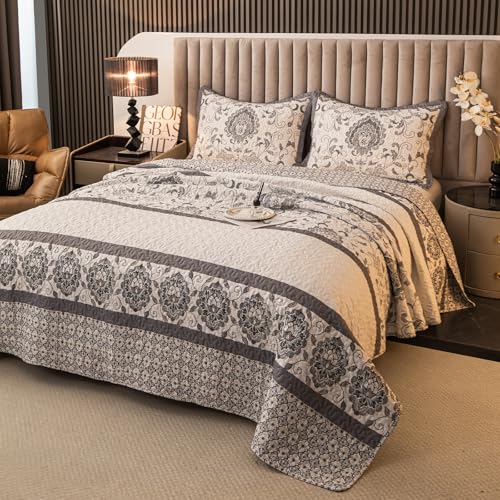 BEITE FIBER Nordic Style King Size Quilt Comforter Bedding Set -3 Pieces Red Quilts (1 Quilt, 2 Pillow Shams) Bedding Set, All Season Lightweight Bedspreads Sleep Companion(Grey) BEITE FIBER