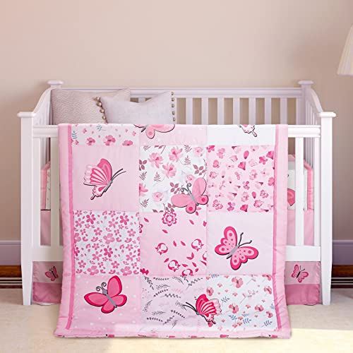 Tudomro 3 Pieces Butterfly Nursery Crib Bedding Set for Girls, Standard Size Bedding Sets with Comforter Fitted Sheet Crib Skirt(Pink) Tudomro