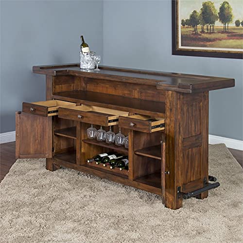 Pemberly Row 78" Farmhouse Wood Freestanding Island Home Bar Unit, Stemware Rack, Wine Rack, Storage Cabinets, for Kitchen and Basements, in Mahogany Brown Pemberly Row